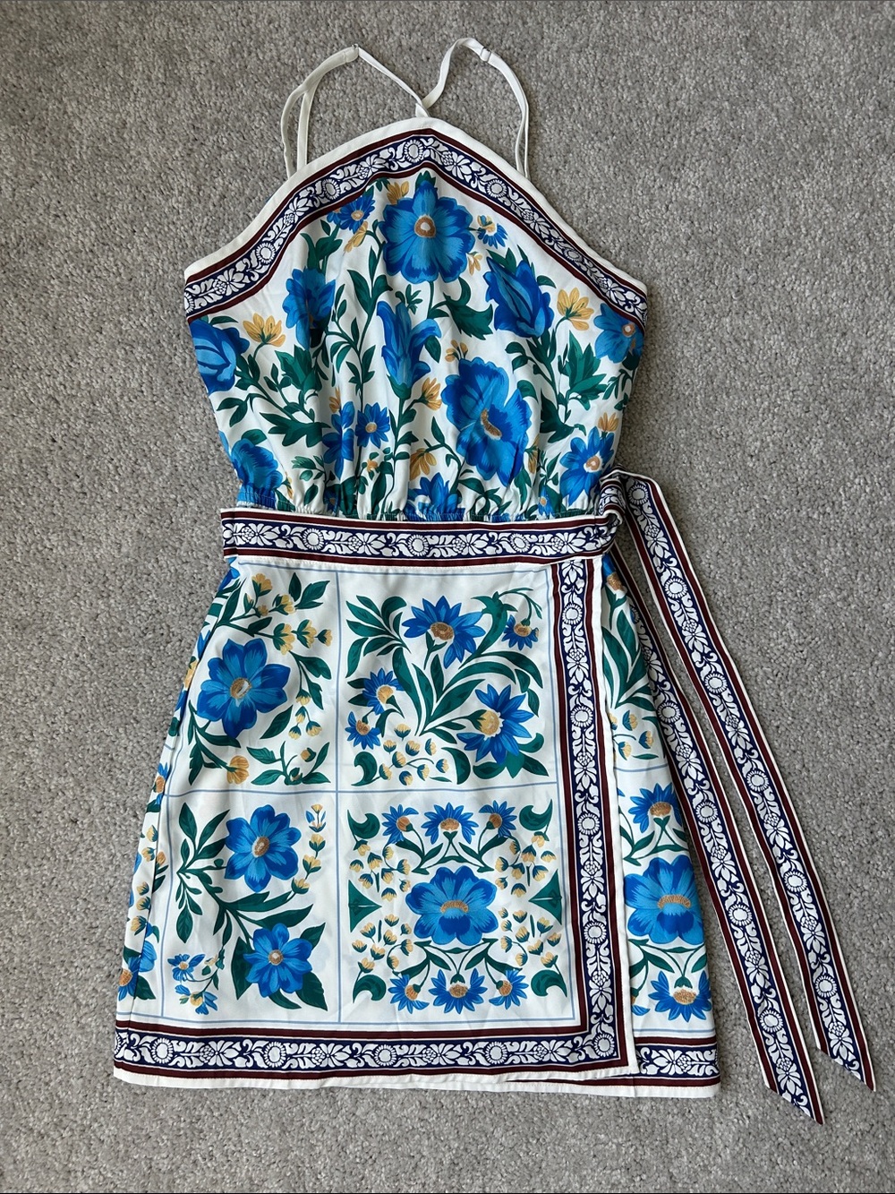 Cupshe White Mini Dress with Blue Floral Tile Print